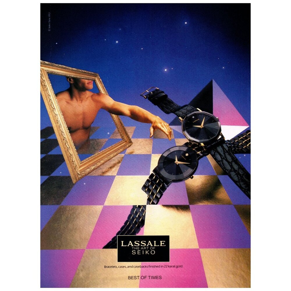 1993 Seiko Lassale Black Analog Watch Vintage Print Ad 90s Geometric Wall Art